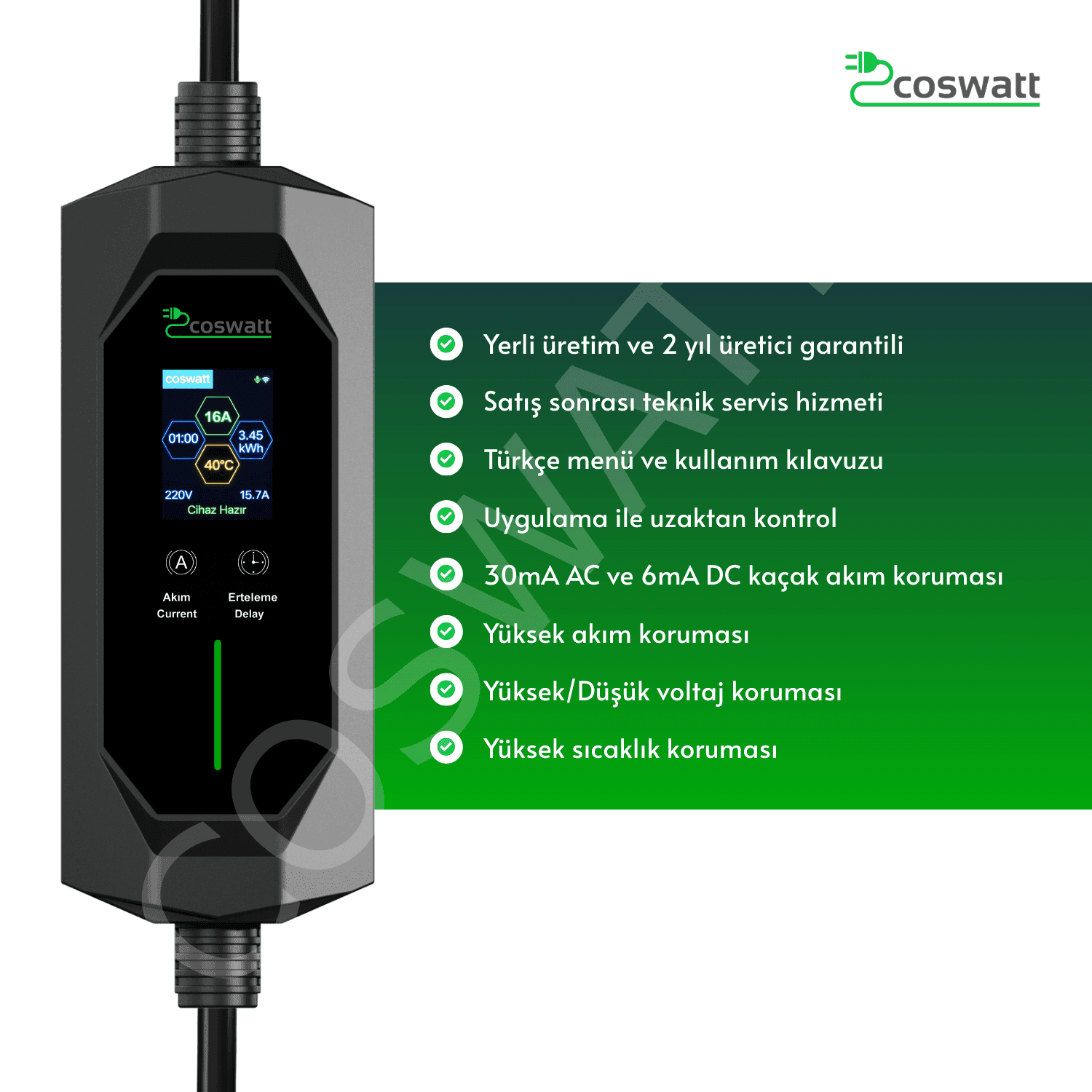 Coswatt CS-P1-16A 3.5 kW Taşınabilir EV Şarj Cihazı (8 metre) - 3